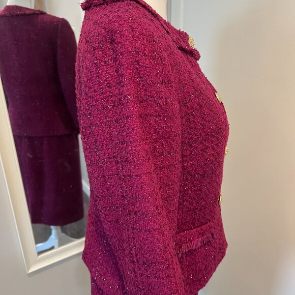 Tahari ASL Magenta Metallic Tweed Skirt Suit with Fringe Detail, Size 10 - Picture 10 of 16